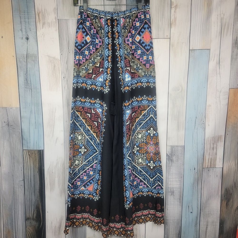 Flying Tomato Boho Palazzo Pants Black Geometric Print Size Medium